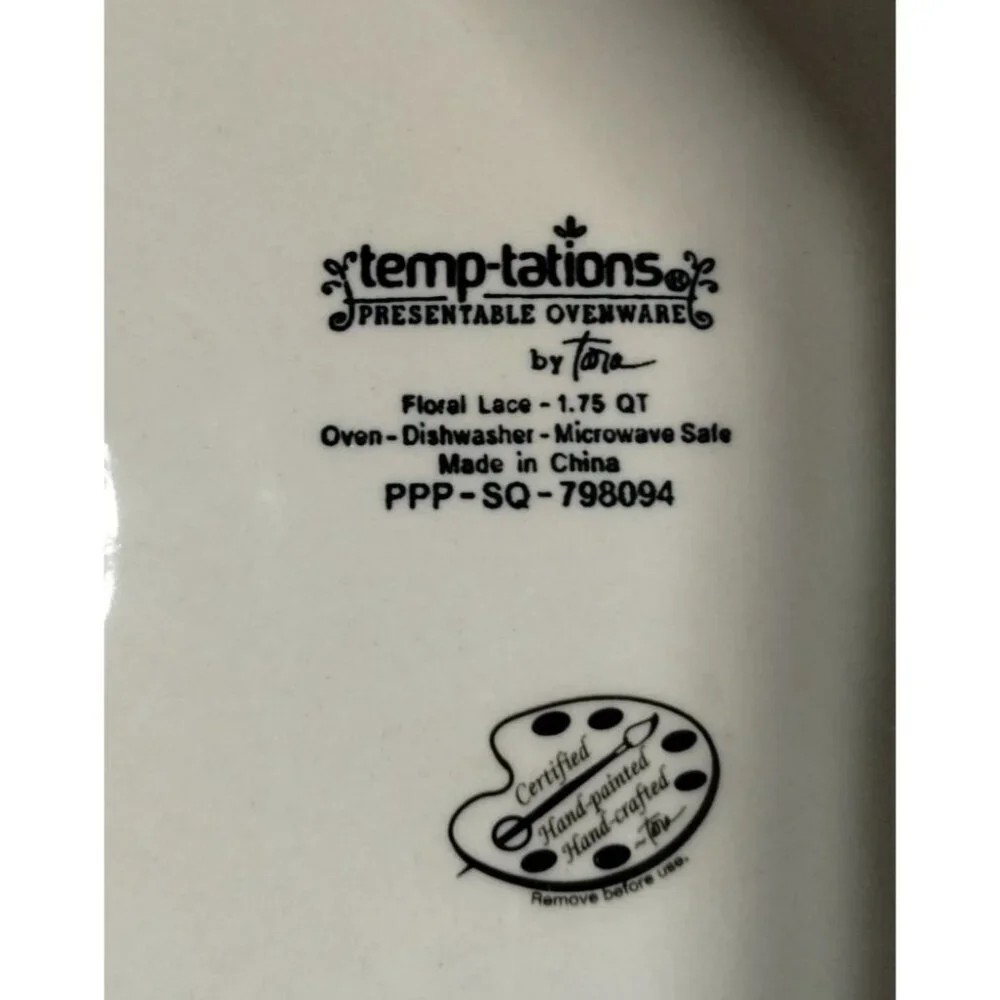 Temp-Taiton's Blue &‎ White Floral Lace Winter 1.75 QT Ceramic Bakeware Dish